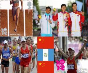 yapboz Podyum Atletizm Erkekler 20 kilometre yürümek, Ding Chen (Çin), Erick Barrondo (Guatemala) ve Wang Zhen (Çin) - Londra 2012-